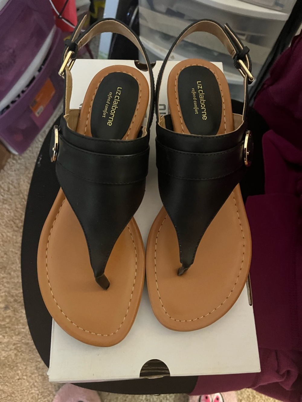 Liz Claiborne Black and Tan Thong Slingback Sandals